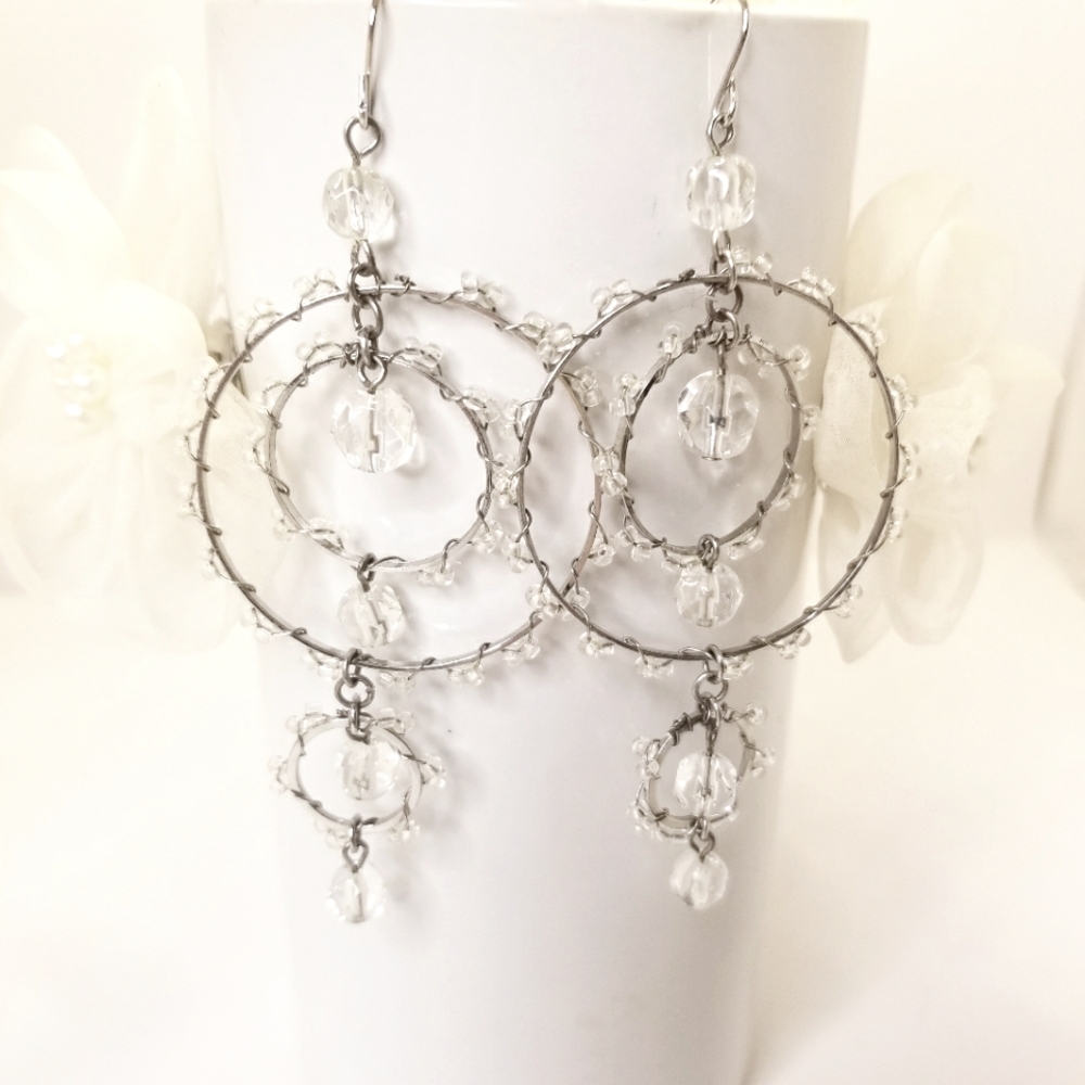 Tri-Hoop Wire Wrapped Silver Dangle Earrings With Faceted Beads